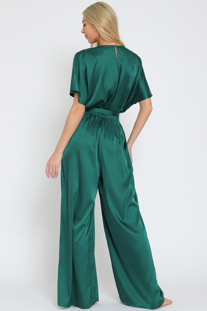 Dolman Sleeve Elastic Back Waisted Satin Jumpsuit