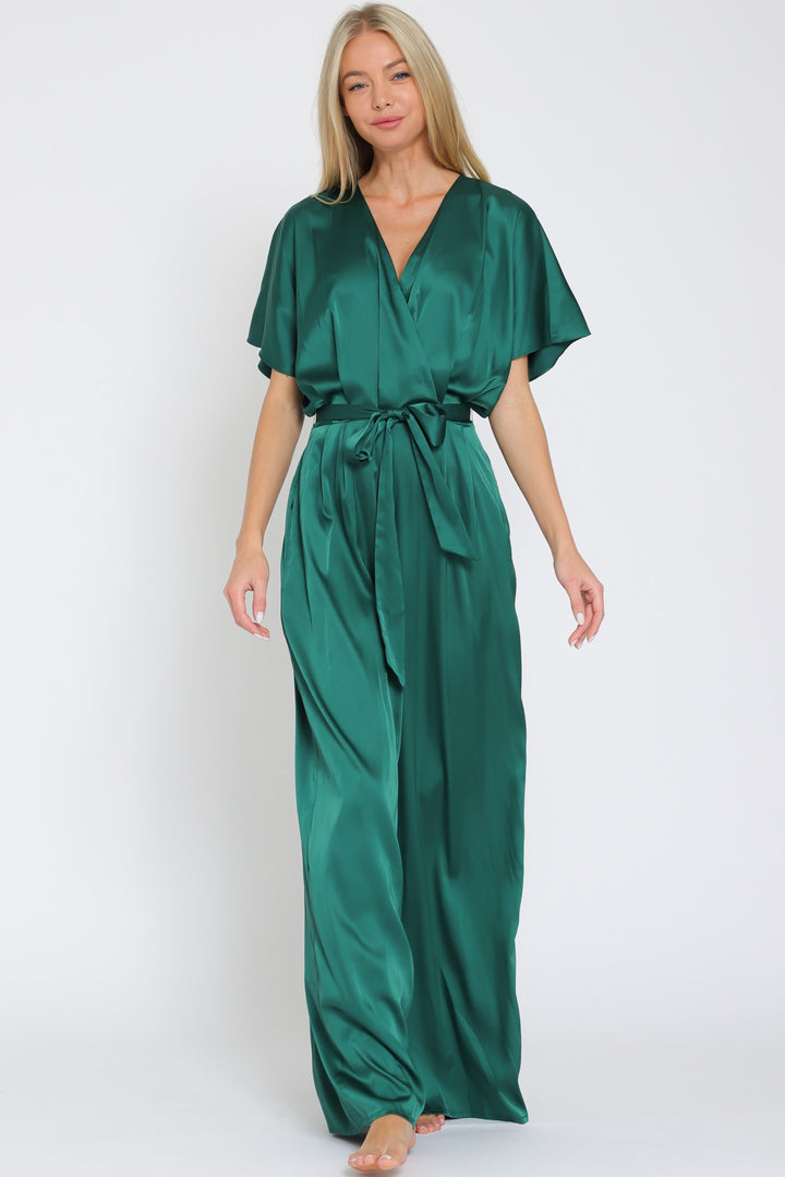 Dolman Sleeve Elastic Back Waisted Satin Jumpsuit