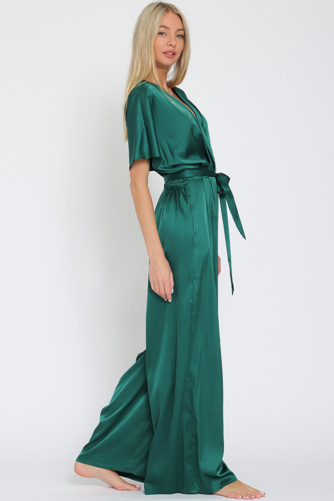 Dolman Sleeve Elastic Back Waisted Satin Jumpsuit