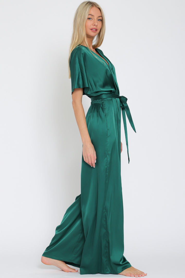 Dolman Sleeve Elastic Back Waisted Satin Jumpsuit