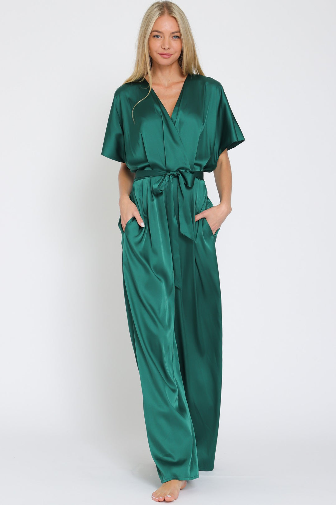 Dolman Sleeve Elastic Back Waisted Satin Jumpsuit