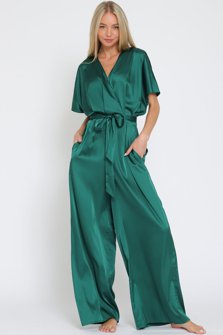 Dolman Sleeve Elastic Back Waisted Satin Jumpsuit