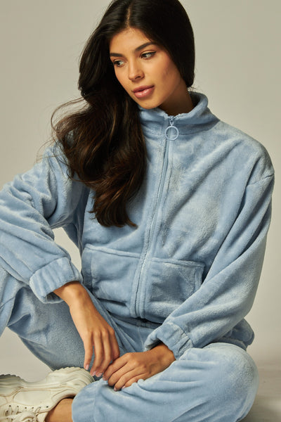 Cozy Fleece Funnel Neck Zip Up Cardigan Pajama Set