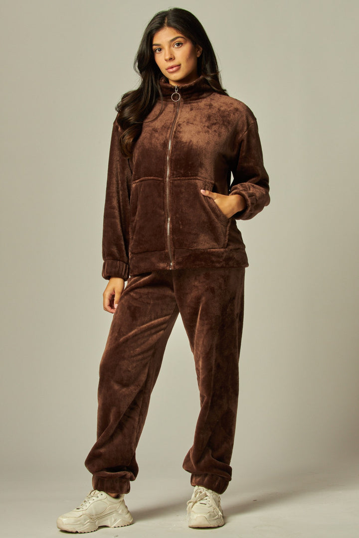 Cozy Fleece Funnel Neck Zip Up Cardigan Pajama Set