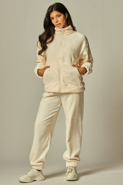 Cozy Fleece Funnel Neck Zip Up Cardigan Pajama Set