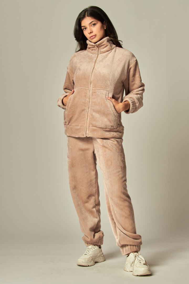 Cozy Fleece Funnel Neck Zip Up Cardigan Pajama Set