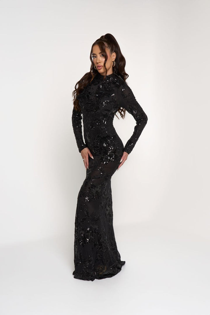 SEQUIN EMBELLISHED FLORAL SHIMMERING MAXI DRESS