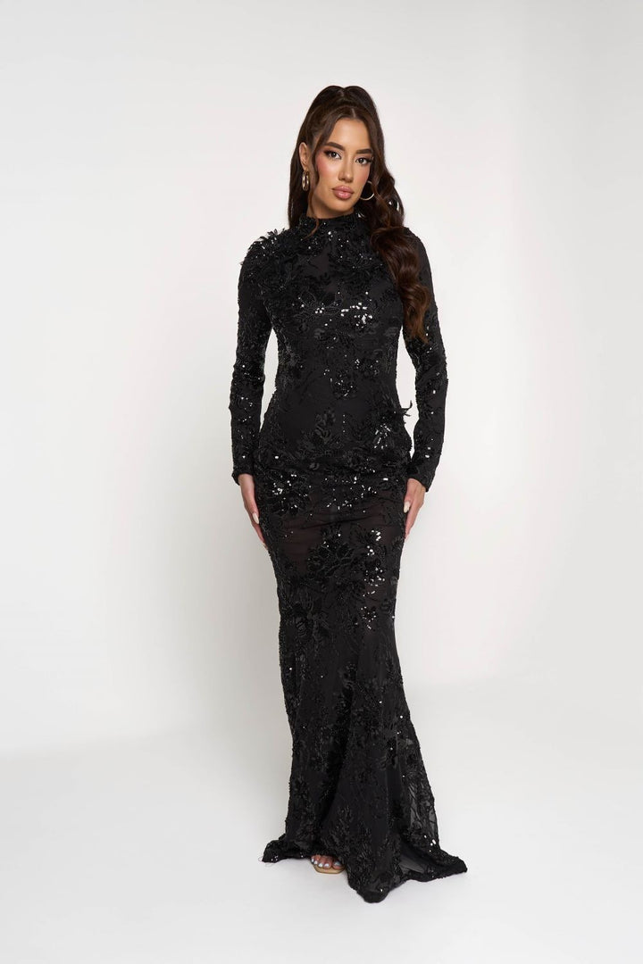 SEQUIN EMBELLISHED FLORAL SHIMMERING MAXI DRESS