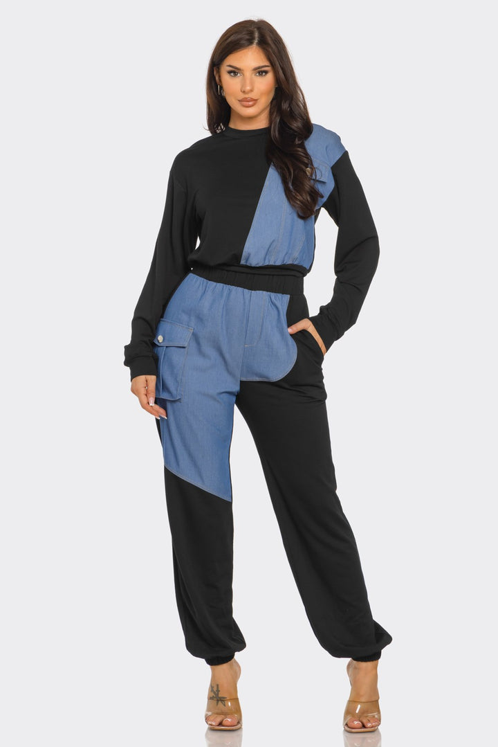 Color Block Denim Detail Top Pockets Pants Set
