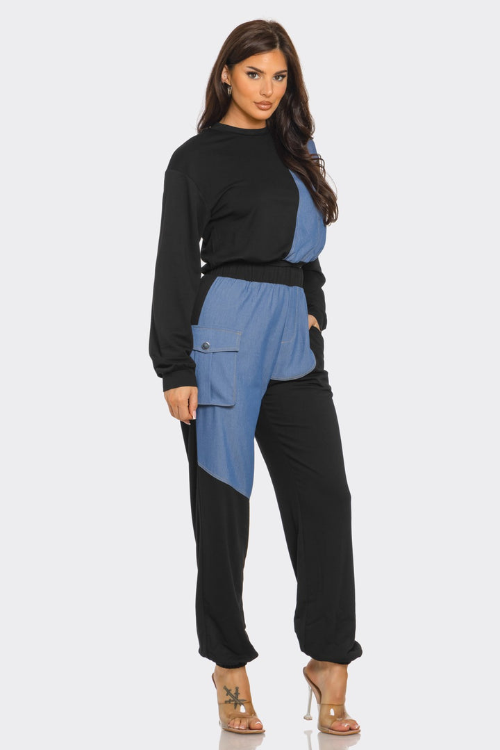 Color Block Denim Detail Top Pockets Pants Set