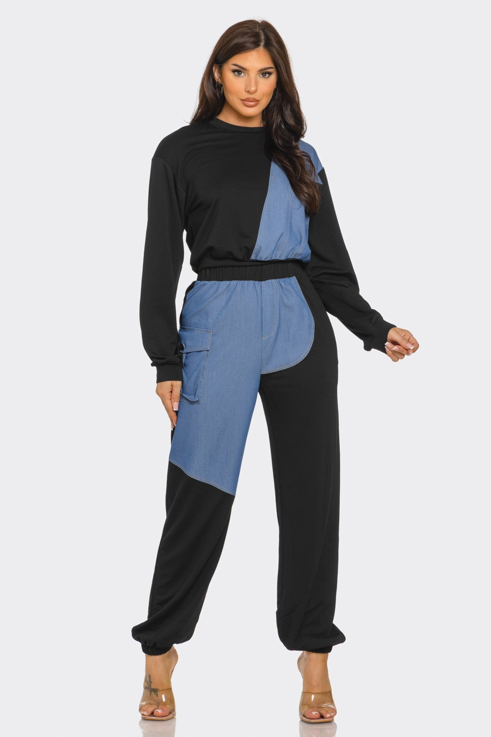 Color Block Denim Detail Top Pockets Pants Set