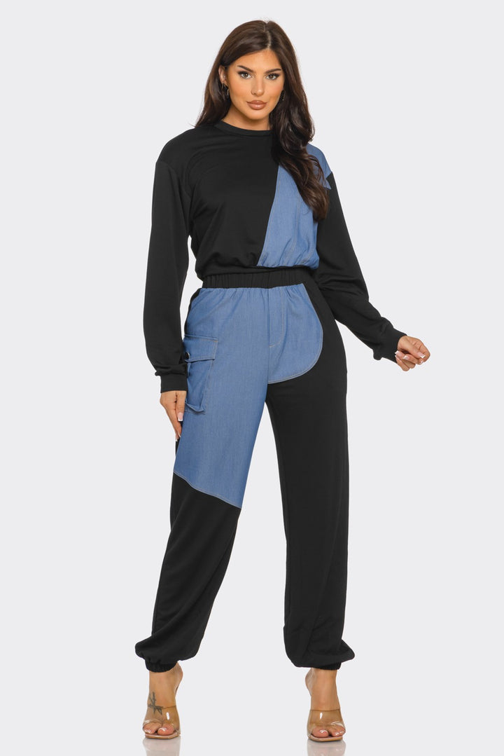 Color Block Denim Detail Top Pockets Pants Set