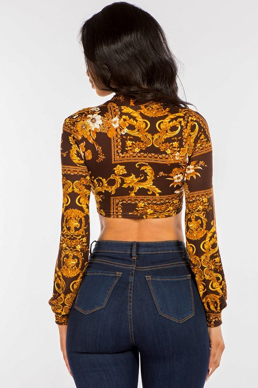 Baroque Print Crop Top Tie