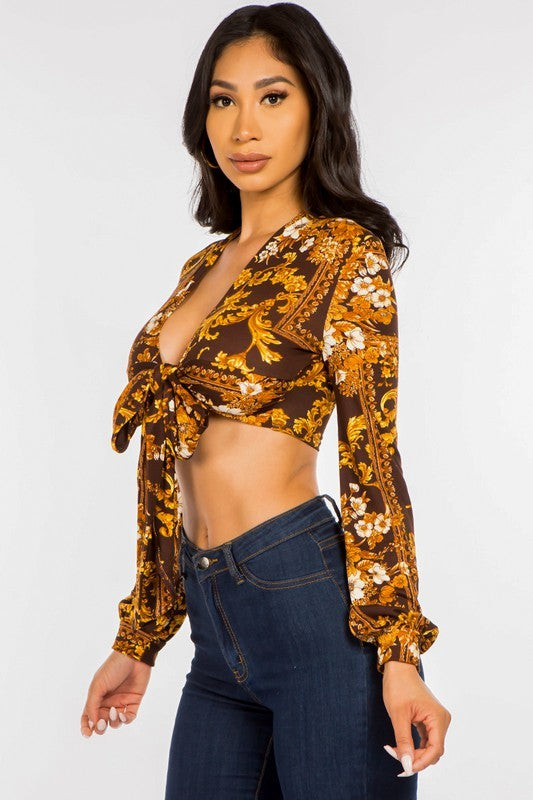 Baroque Print Crop Top Tie