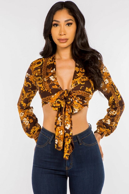 Baroque Print Crop Top Tie