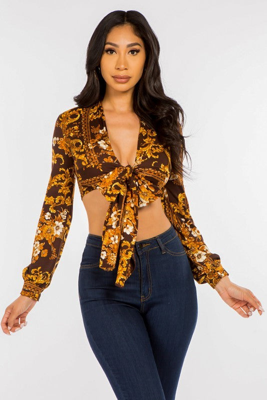Baroque Print Crop Top Tie