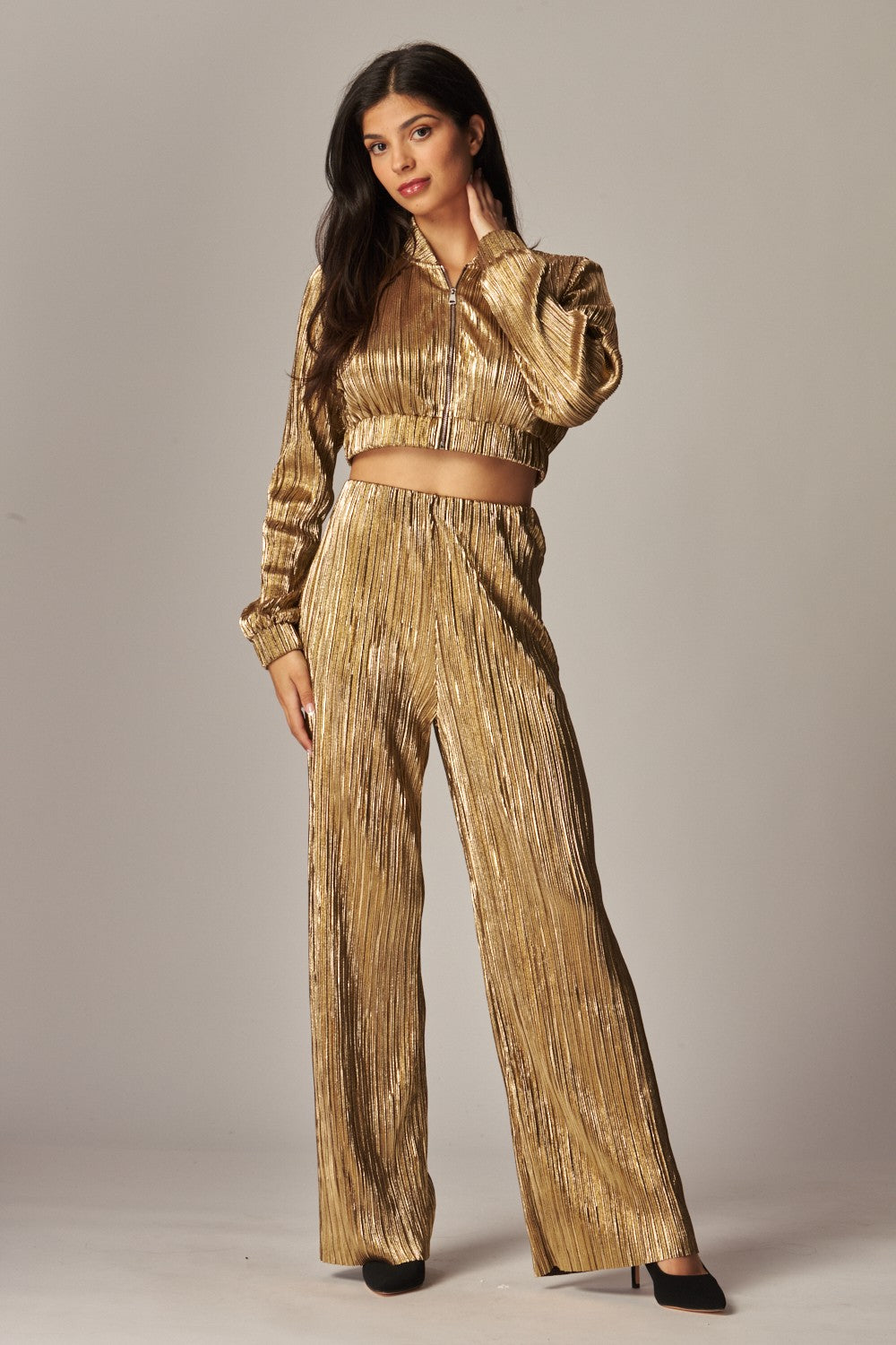 Metallic Foil Plisse Jacket Pant Set