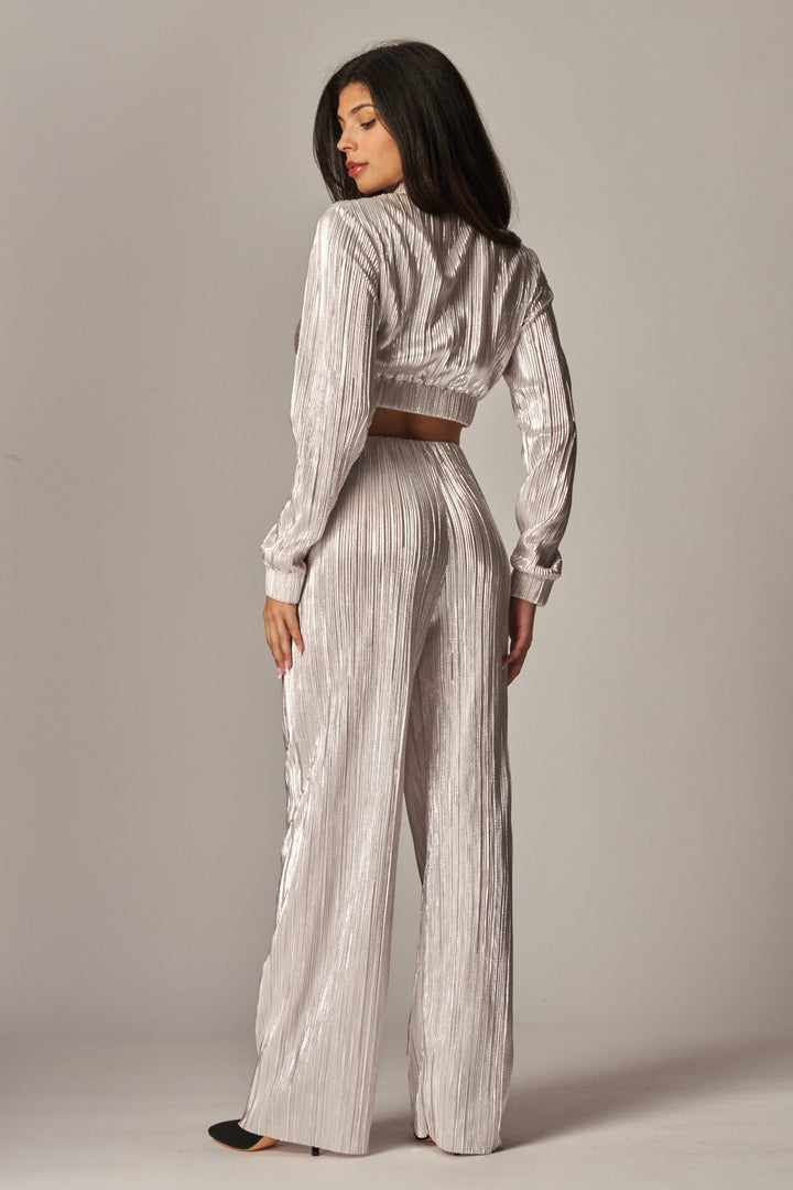 Metallic Foil Plisse Jacket Pant Set
