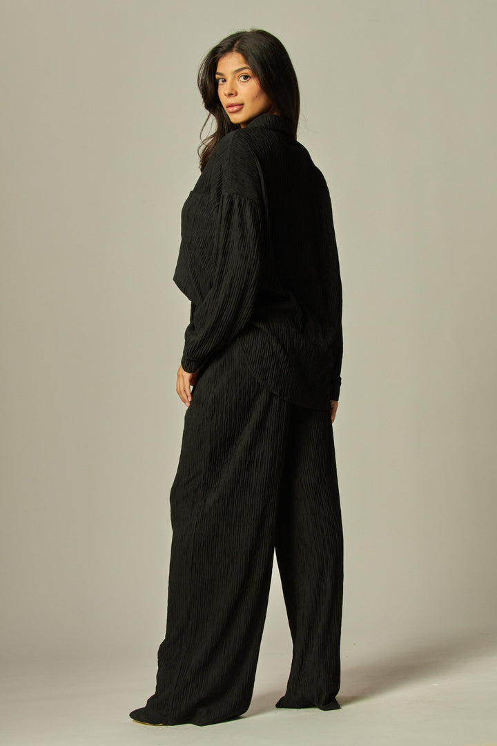Crinkled Plisse Button Down Shirt Loungewear Set
