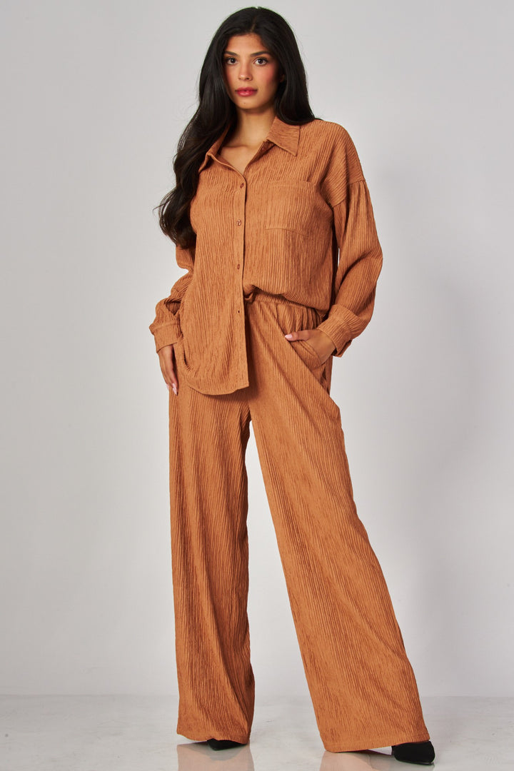 Crinkled Plisse Button Down Shirt Loungewear Set