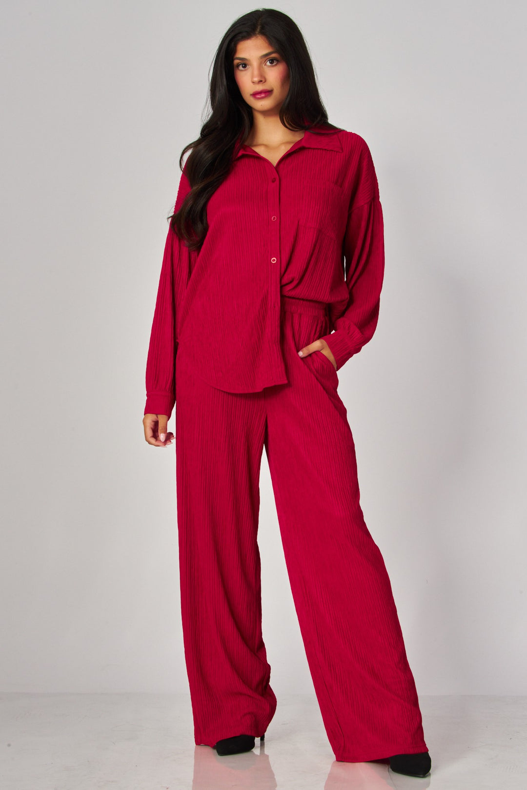 Crinkled Plisse Button Down Shirt Loungewear Set