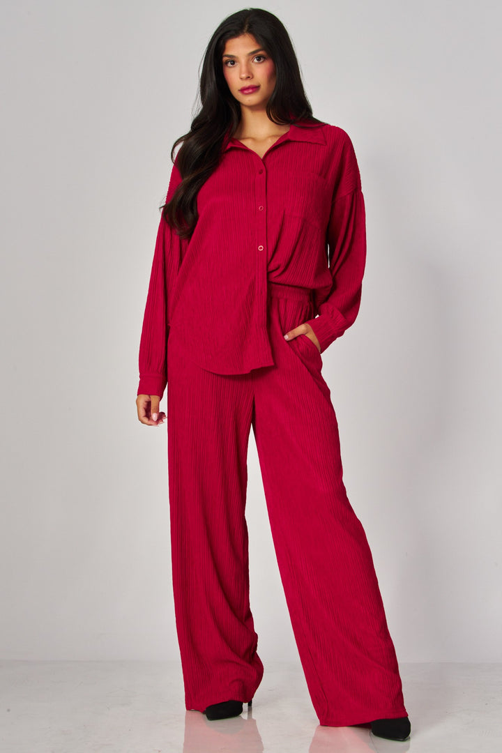 Crinkled Plisse Button Down Shirt Loungewear Set