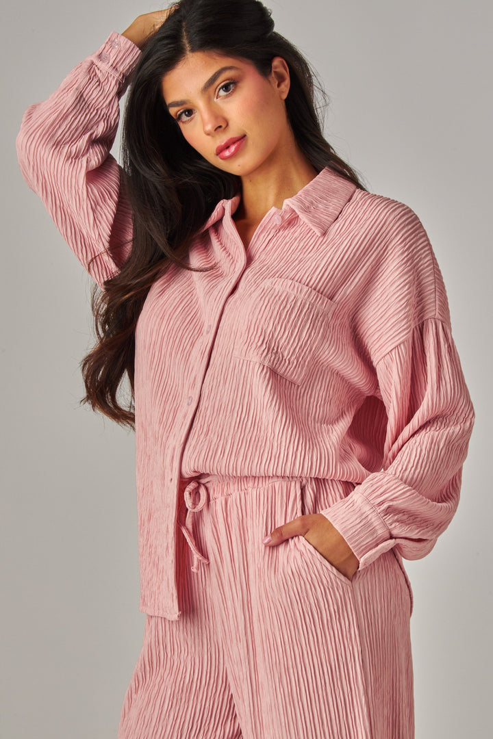 Crinkled Plisse Button Down Shirt Loungewear Set