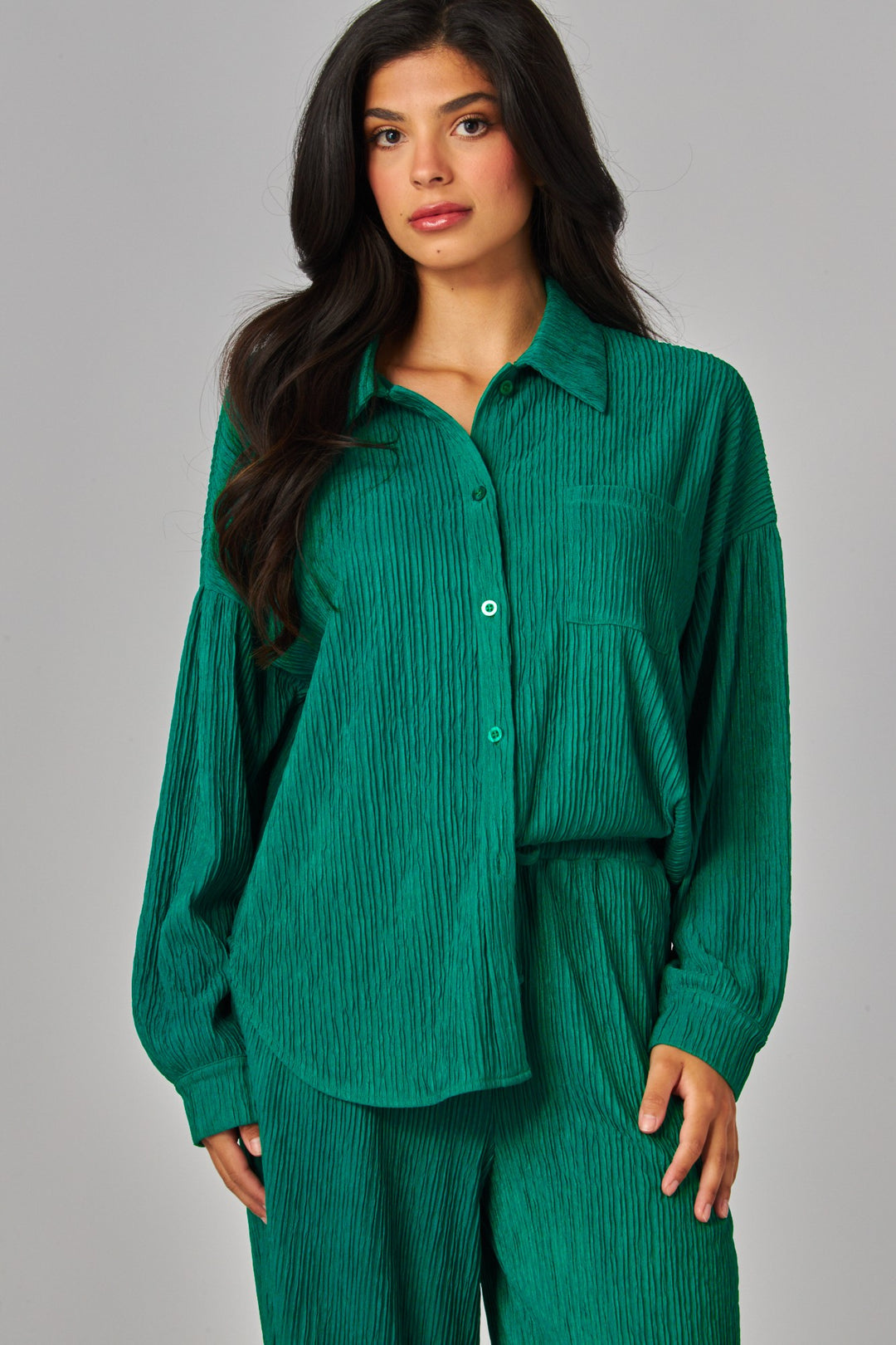Crinkled Plisse Button Down Shirt Loungewear Set