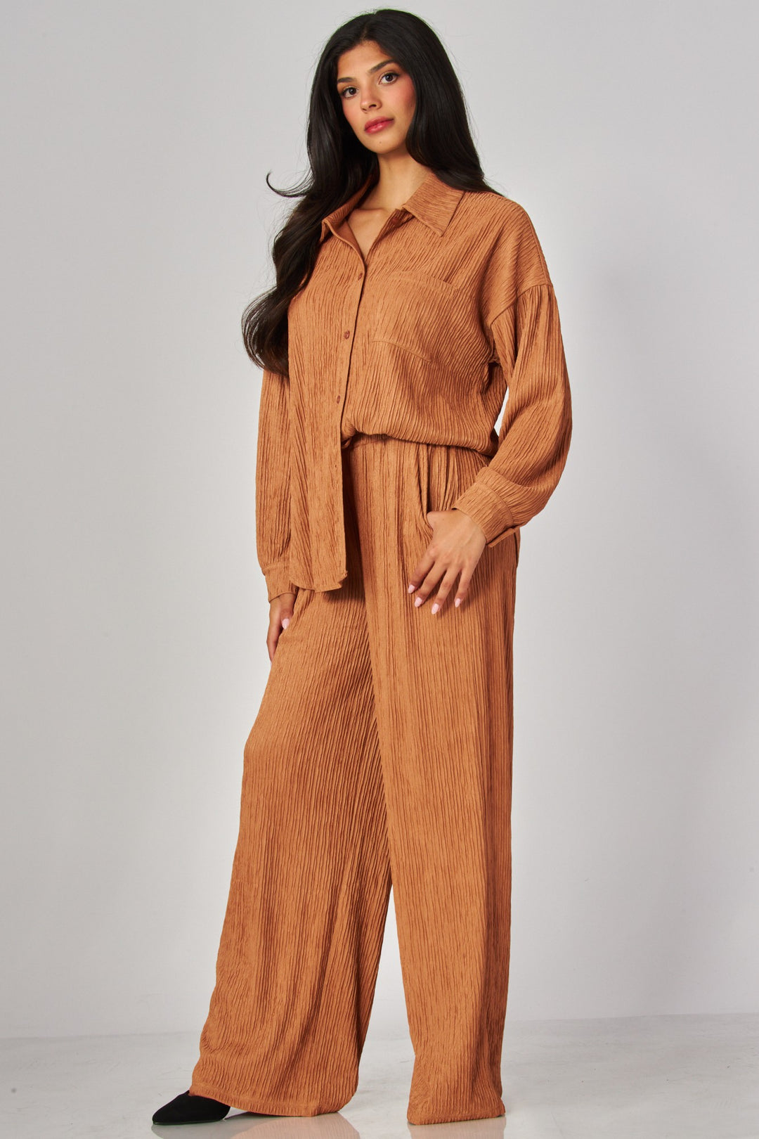 Crinkled Plisse Button Down Shirt Loungewear Set