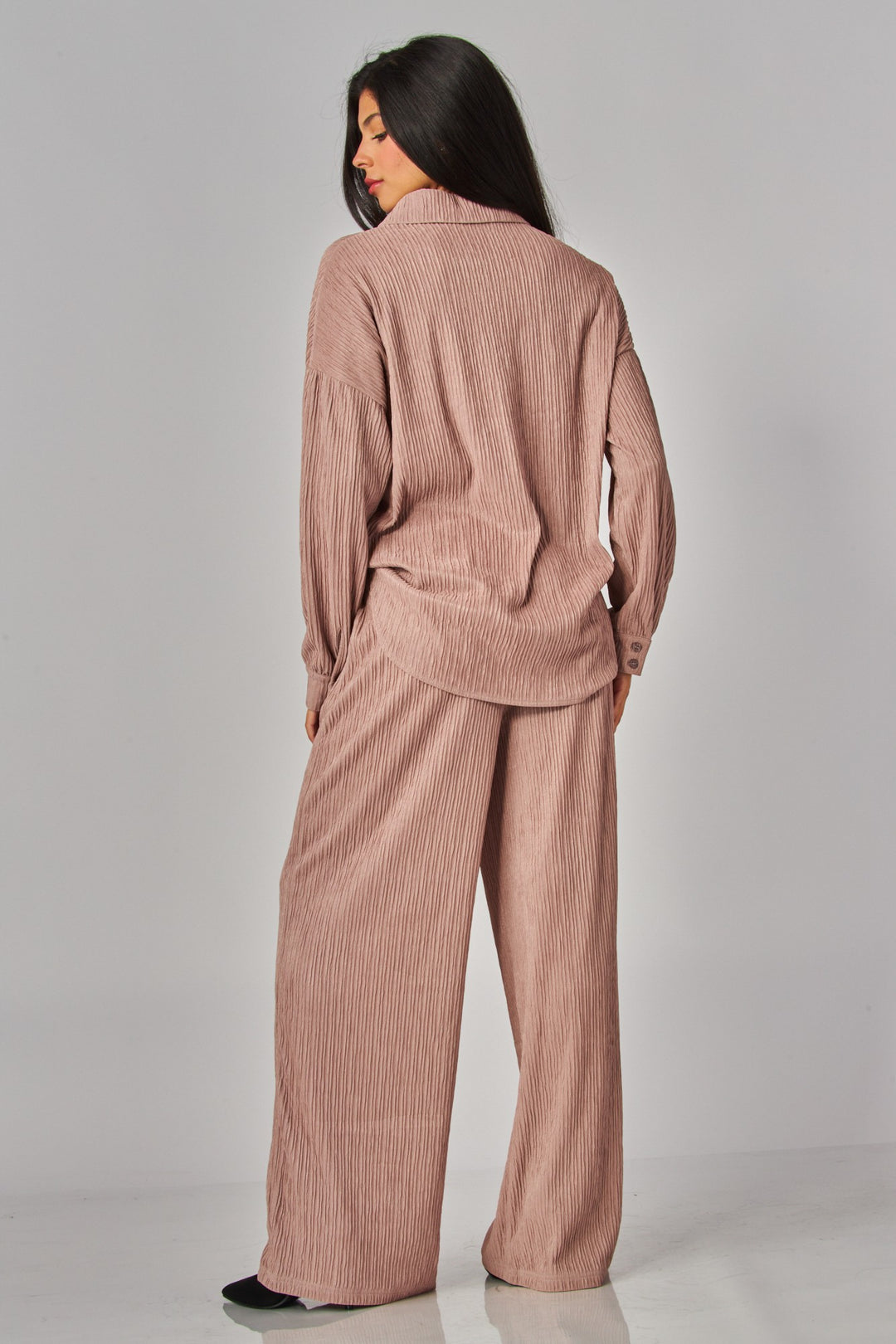 Crinkled Plisse Button Down Shirt Loungewear Set