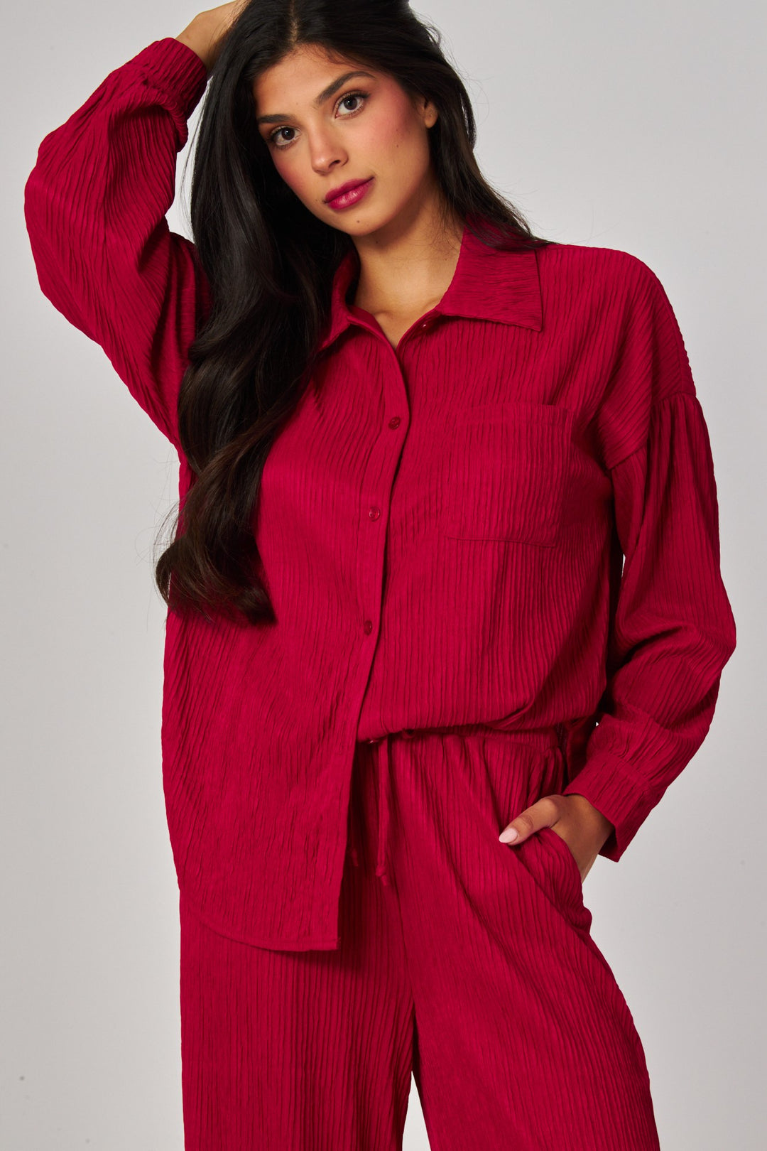 Crinkled Plisse Button Down Shirt Loungewear Set