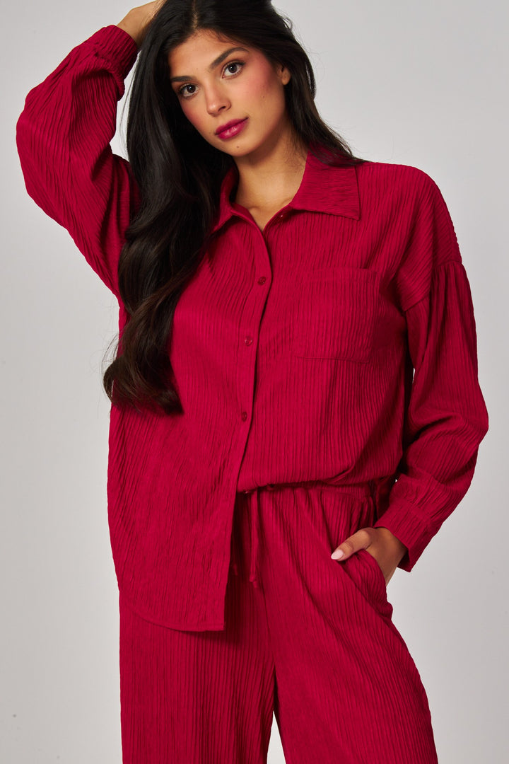 Crinkled Plisse Button Down Shirt Loungewear Set
