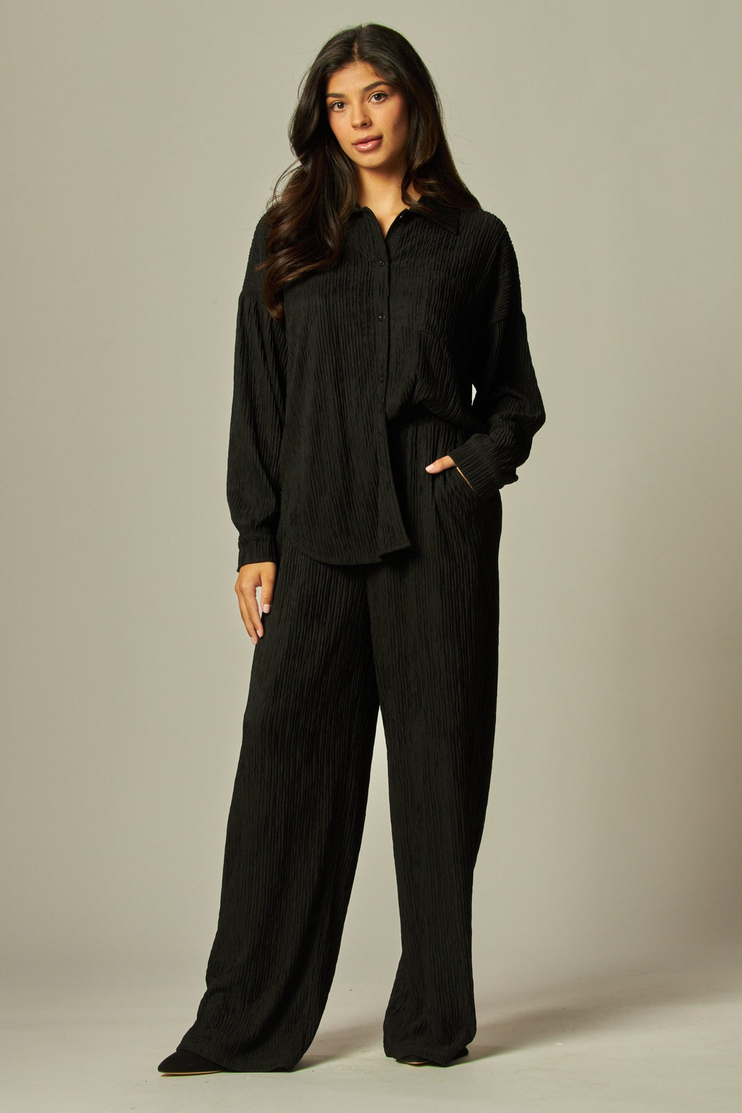 Crinkled Plisse Button Down Shirt Loungewear Set