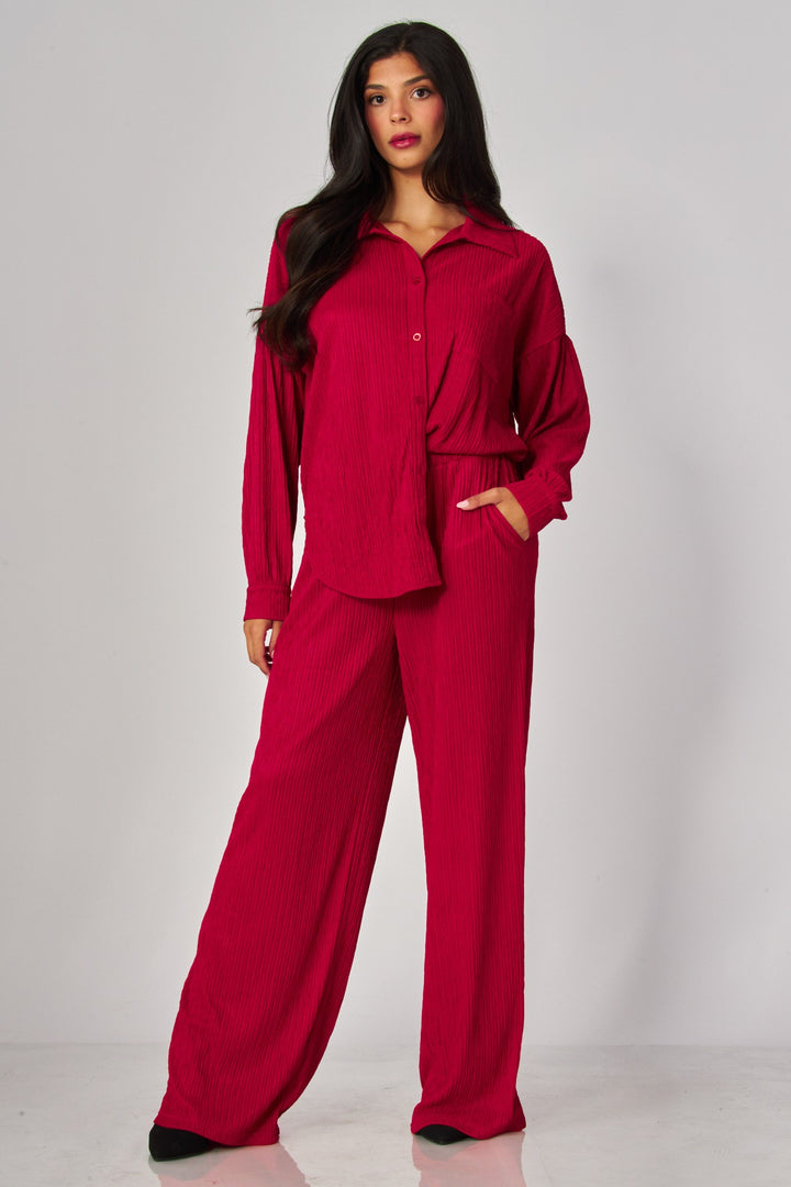 Crinkled Plisse Button Down Shirt Loungewear Set