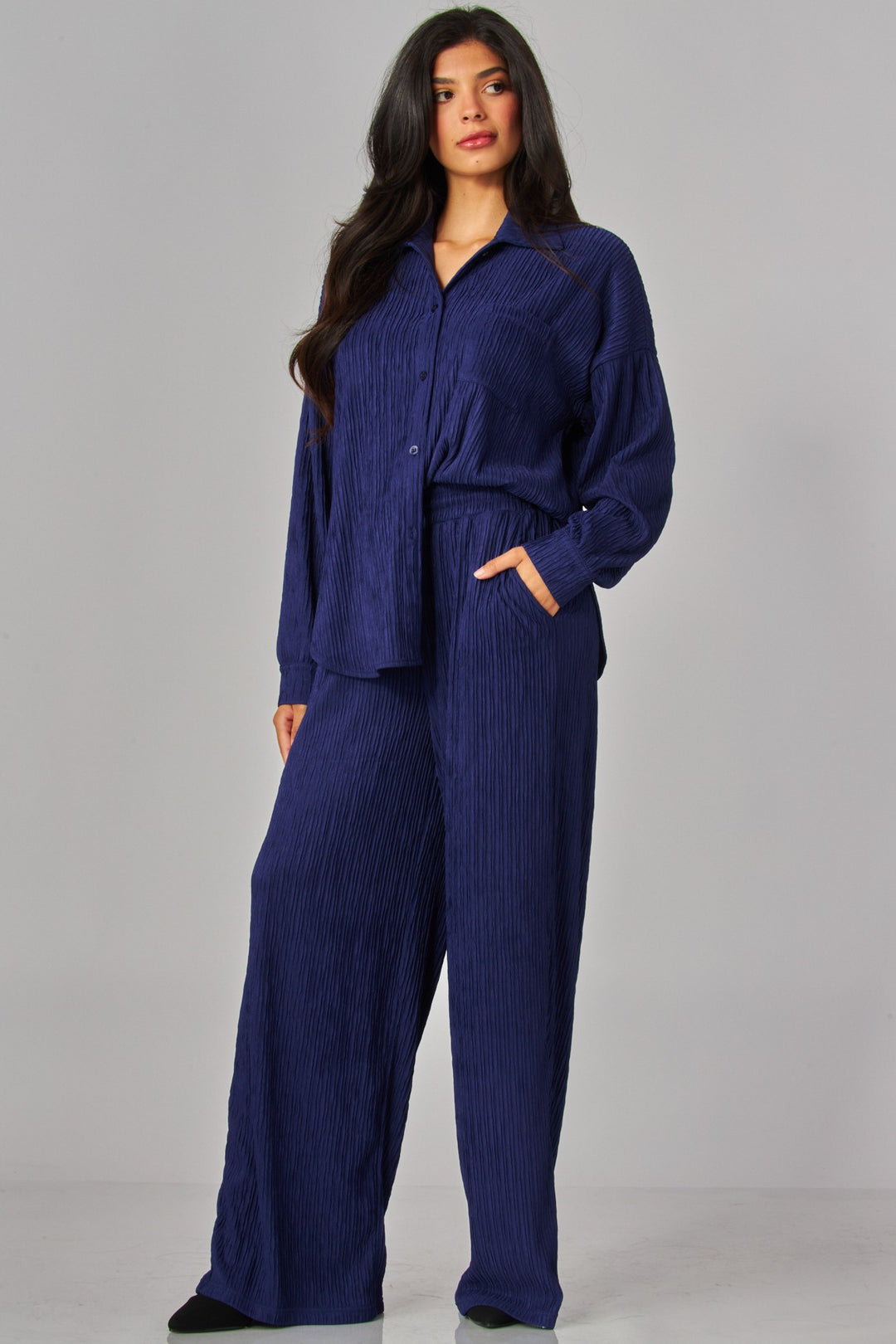 Crinkled Plisse Button Down Shirt Loungewear Set