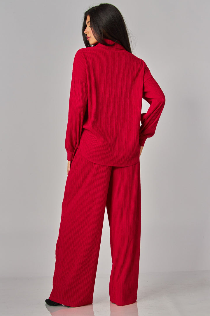 Crinkled Plisse Button Down Shirt Loungewear Set