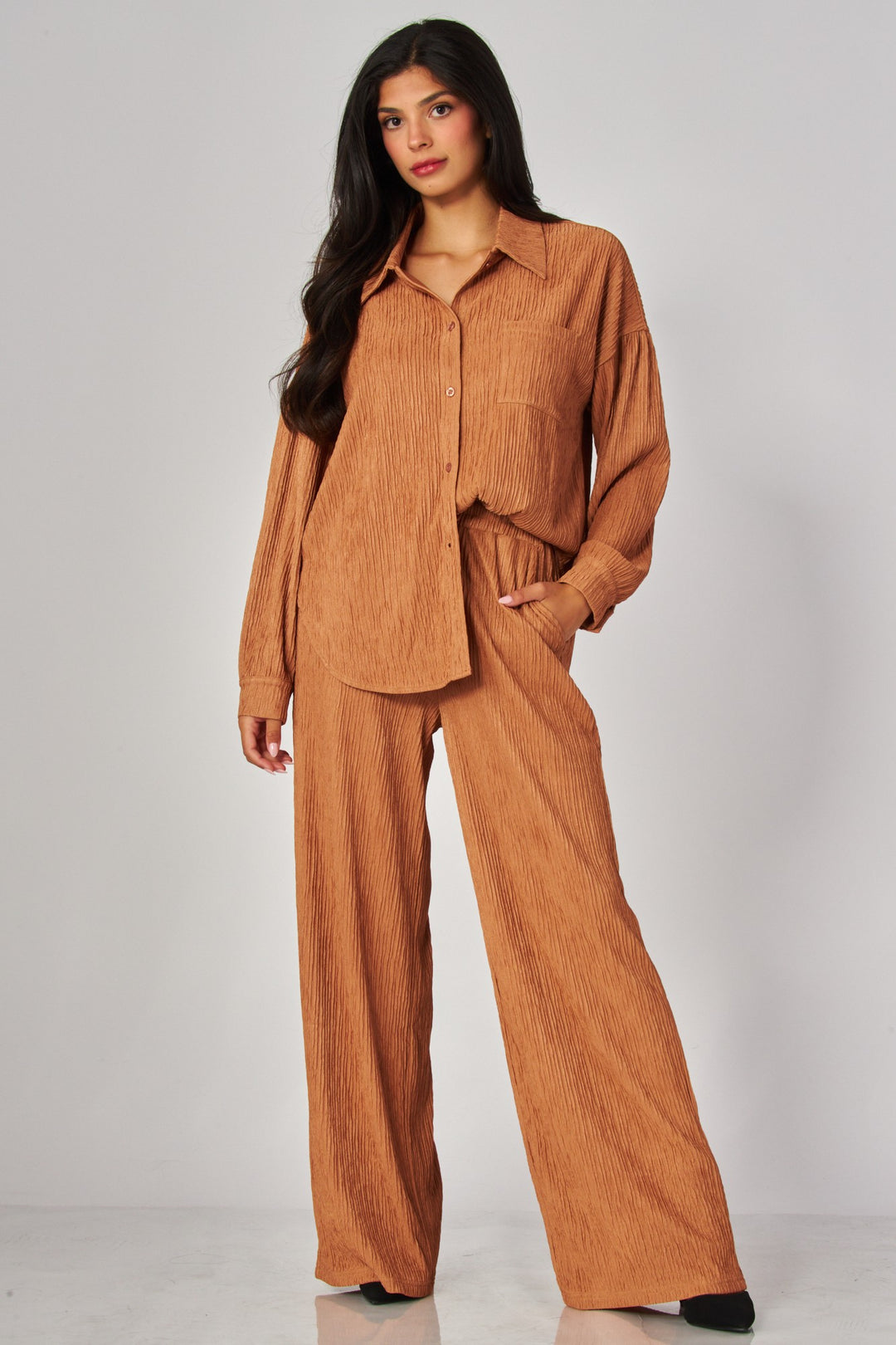 Crinkled Plisse Button Down Shirt Loungewear Set