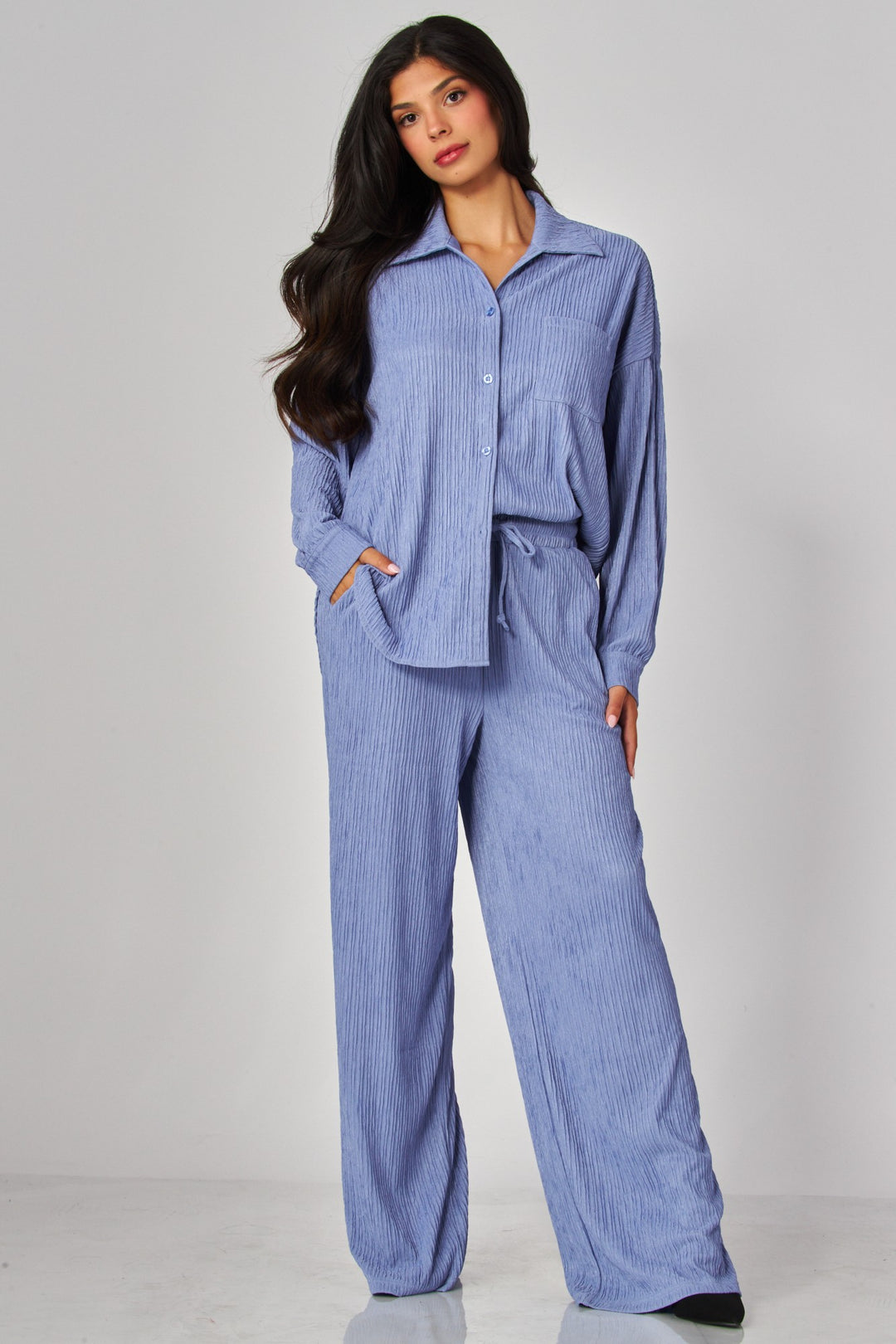 Crinkled Plisse Button Down Shirt Loungewear Set