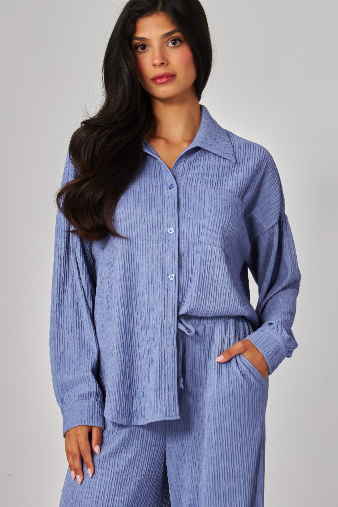 Crinkled Plisse Button Down Shirt Loungewear Set