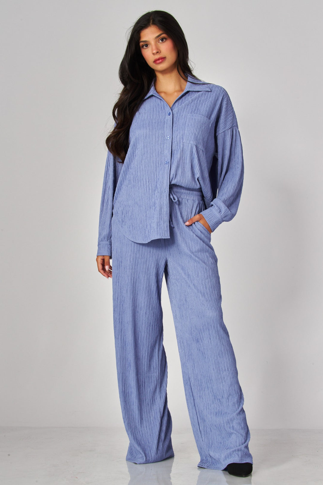 Crinkled Plisse Button Down Shirt Loungewear Set