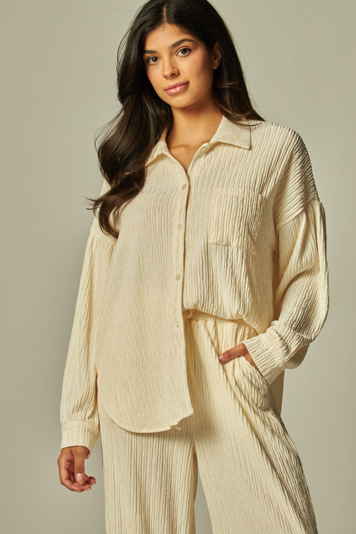 Crinkled Plisse Button Down Shirt Loungewear Set