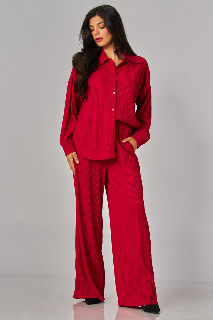 Crinkled Plisse Button Down Shirt Loungewear Set