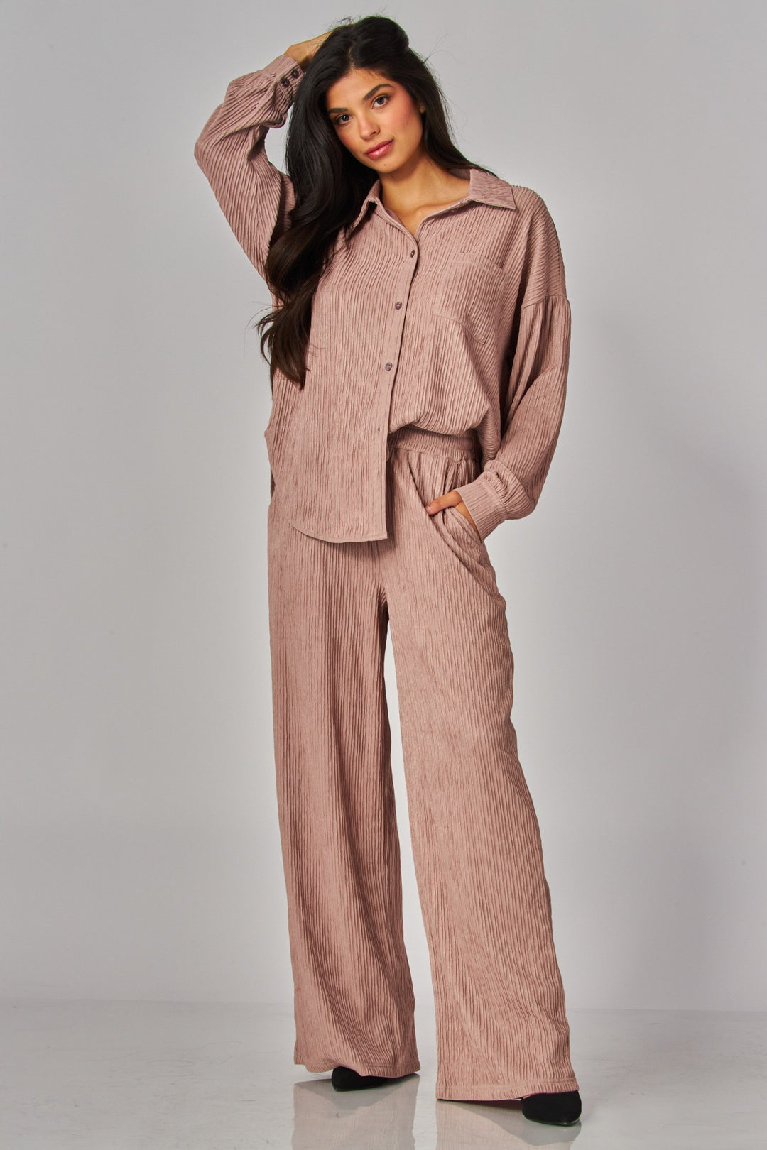 Crinkled Plisse Button Down Shirt Loungewear Set