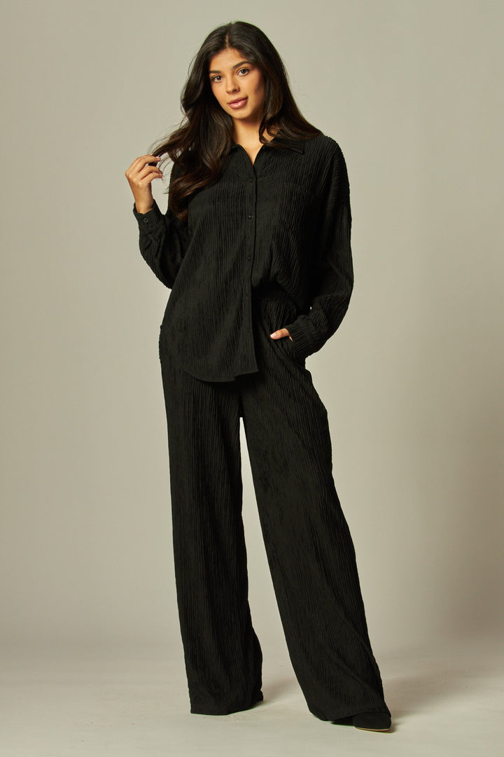 Crinkled Plisse Button Down Shirt Loungewear Set