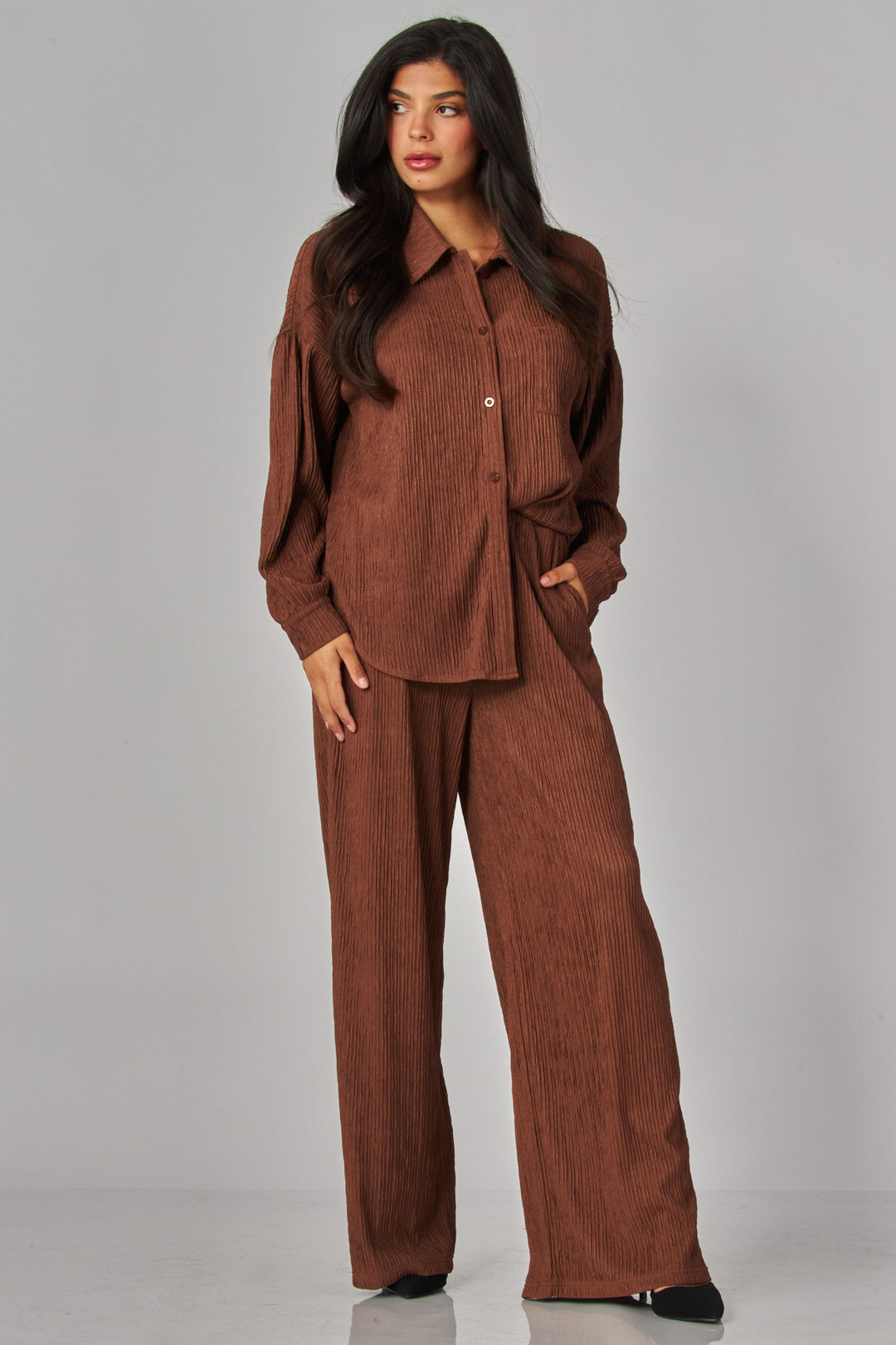 Crinkled Plisse Button Down Shirt Loungewear Set
