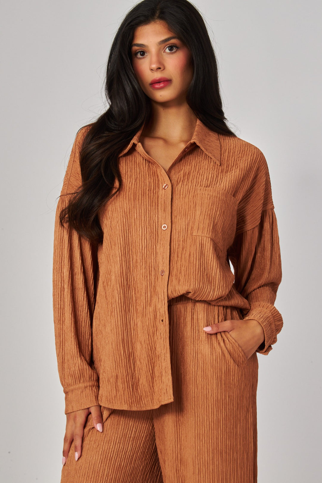 Crinkled Plisse Button Down Shirt Loungewear Set