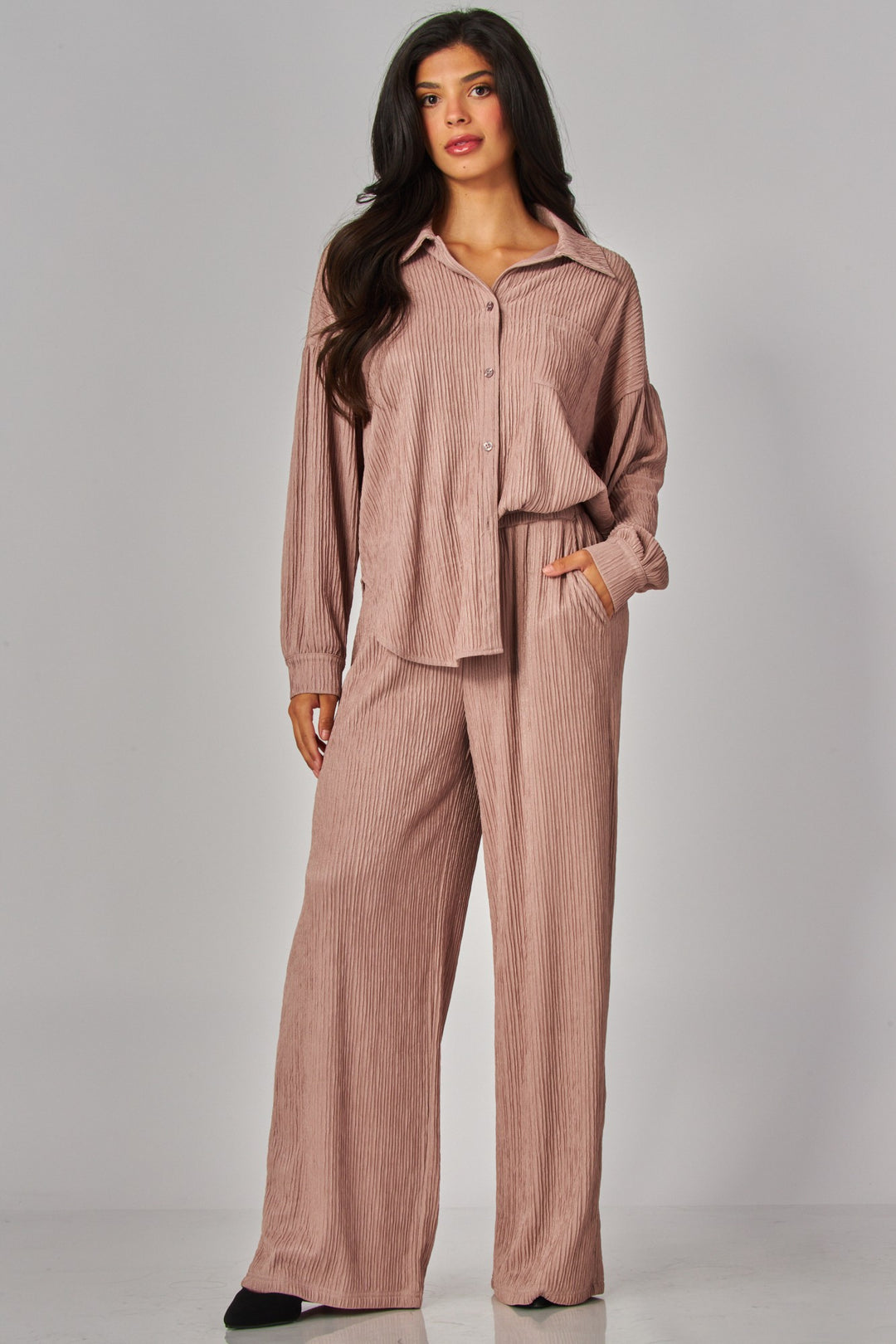 Crinkled Plisse Button Down Shirt Loungewear Set