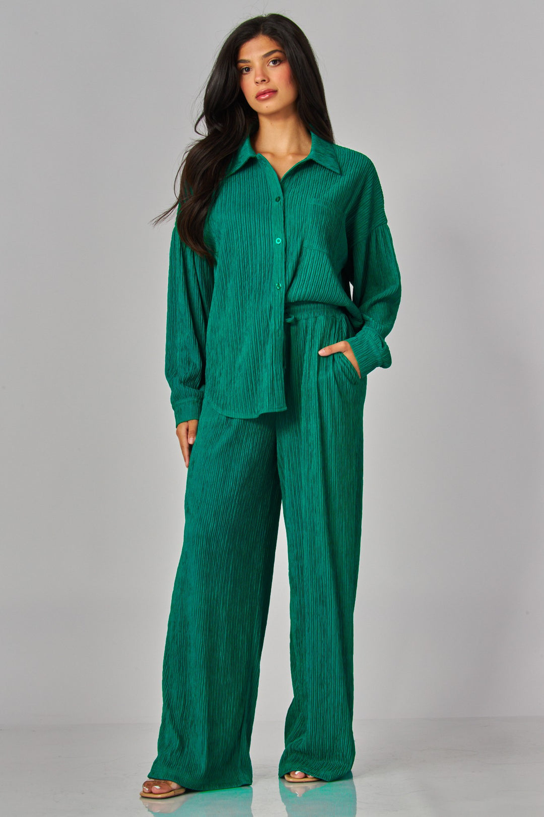 Crinkled Plisse Button Down Shirt Loungewear Set