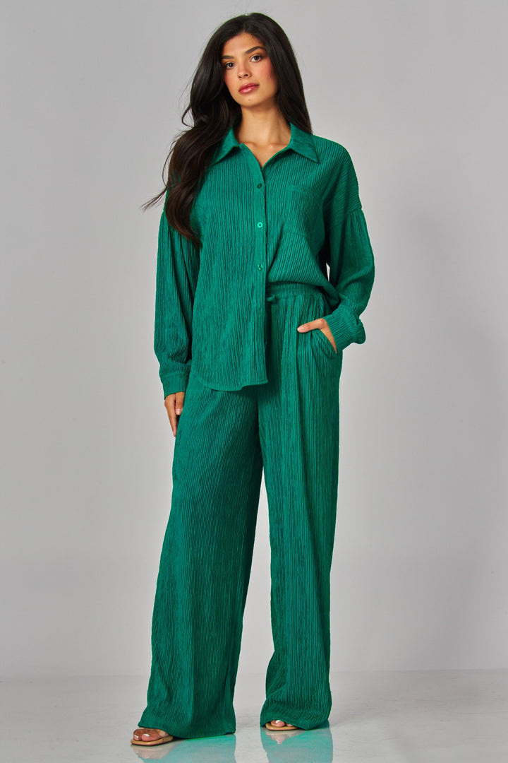 Crinkled Plisse Button Down Shirt Loungewear Set