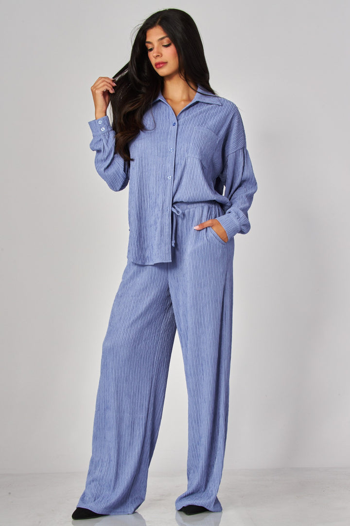 Crinkled Plisse Button Down Shirt Loungewear Set